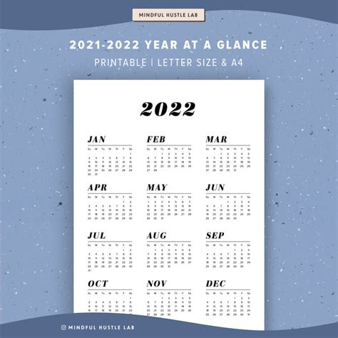 printable year   glance calendar  calendar printables