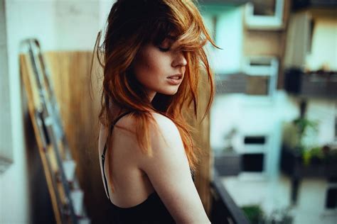 women model redhead long hair bare shoulders