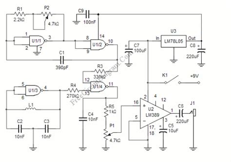simple metal detector circuit  beat frequency oscillator bfo electronic circuit diagram