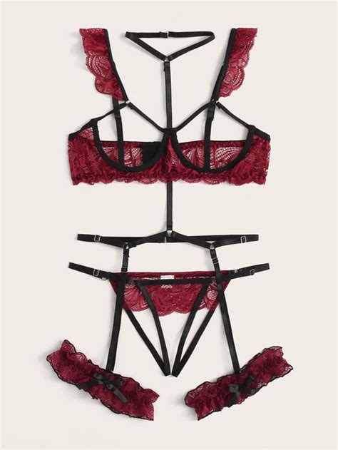 Classic Sexy Floral Lace Underwire Garter Lingerie Set With Choker