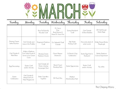 march printable activity calendar  kids  chirping moms