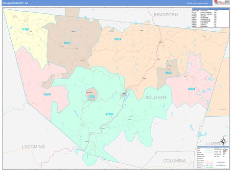 sullivan county pa wall map color cast style  marketmaps mapsales