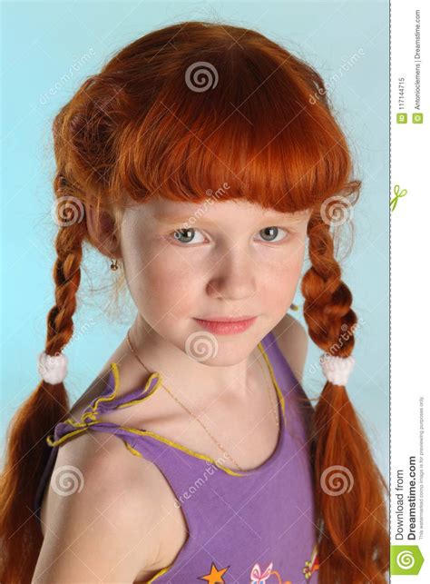 Close Up Portrait Of Little Redhead Pre Teen Fashion Girl Model Stock