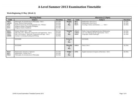 level summer  exam timetable
