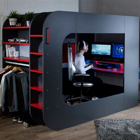podbed high sleeper gaming bed  built  desk open wardrobe family window