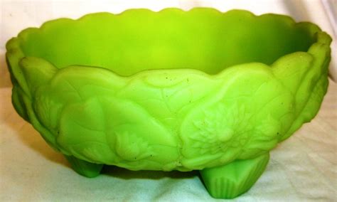 vintage fenton green satin custard glass footed bowl candy vase lilies