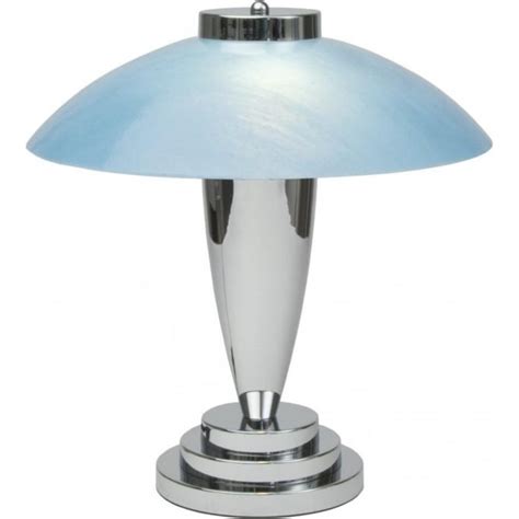 chrome art deco table lamp with pale blue glass dome shade