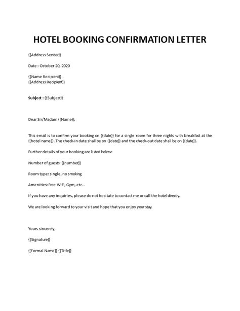 booking confirmation letter template