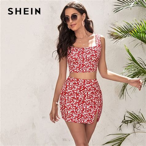 Shein Ditsy Floral Crop Tank Top And Split Hem Skirt Set 2 Piece Set