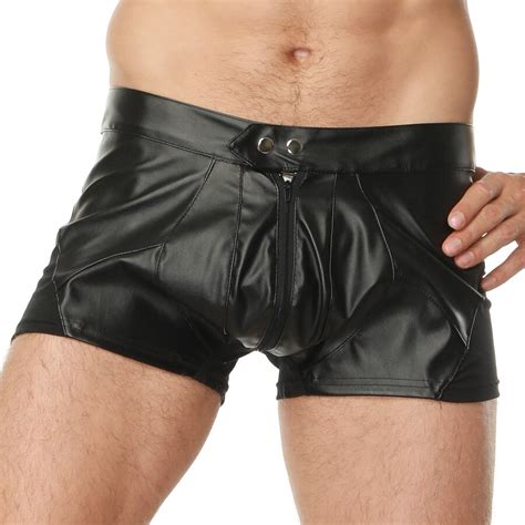 men sexy faux leather boxers male black zipper button mens panties male