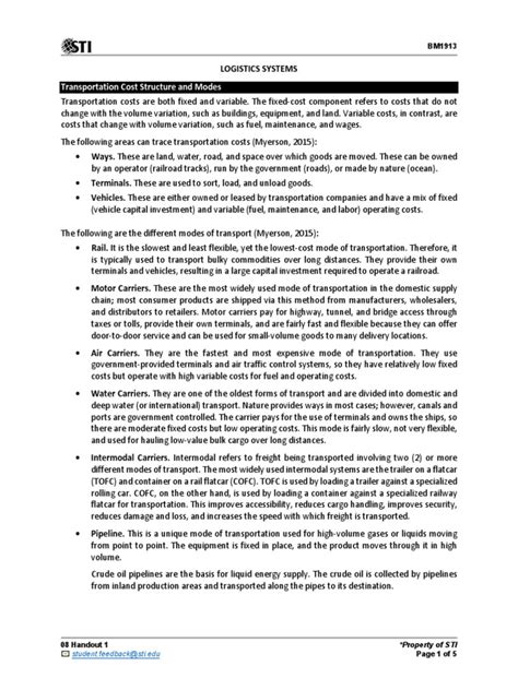 Transportation Cost Structure and Modes: Logistics Systems | PDF