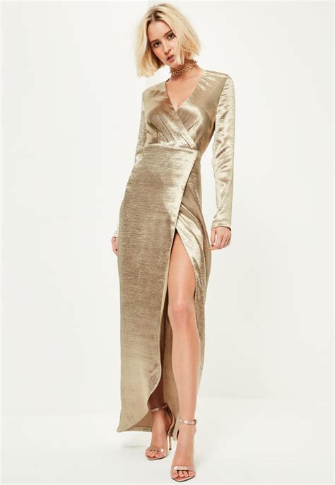 missguided gold metallic long sleeve plunge wrap maxi dress metallic maxi dresses dresses