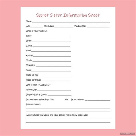 free printable secret sister questionnaire printable word searches