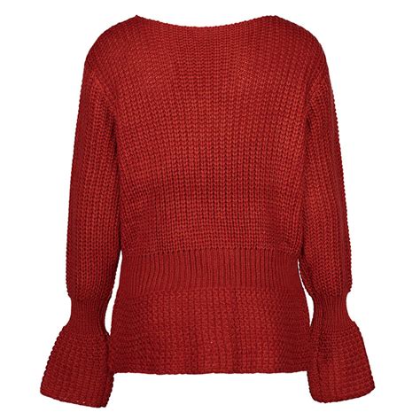 womens red  neck flare sleeve pullover loose sweater
