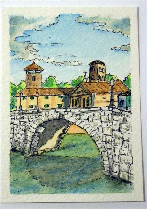 Aceo Original Watercolor Bridge Cestius Tiberina Island On