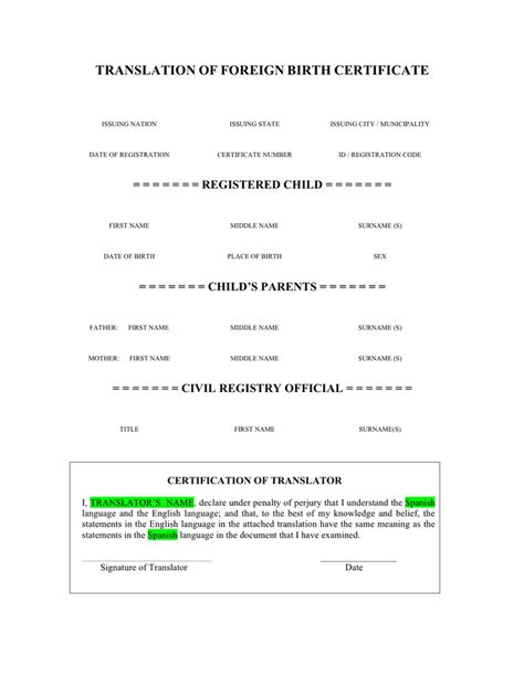 birth certificate translation template  word   formats