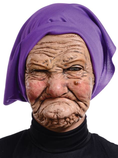 Old Woman Granny Latex Wrinkled Face Head Purple Scarf Mask Costume