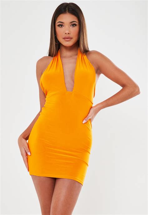 orange slinky cut out front ruched bum mini dress missguided