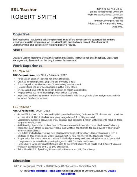 esl teacher resume samples qwikresume