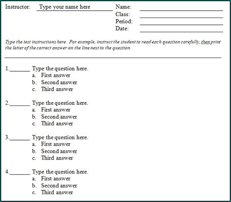 printable multiple choice quiz template