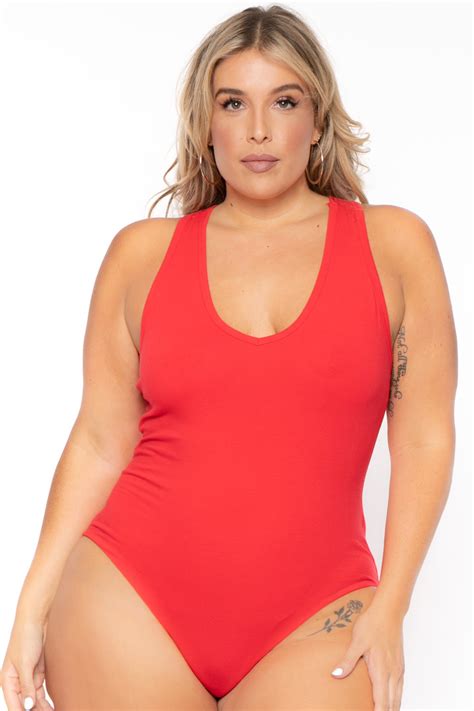 Plus Size V Neck Bodysuit Red – Curvy Sense
