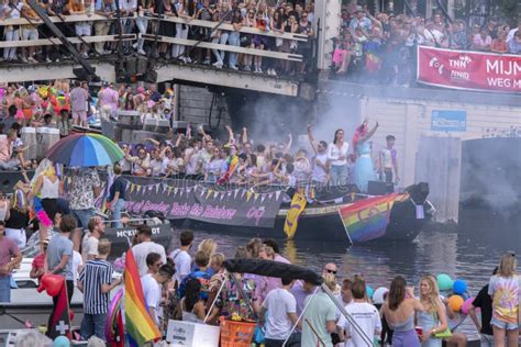 close up asv gay boat at the gaypride canal parade with boats at