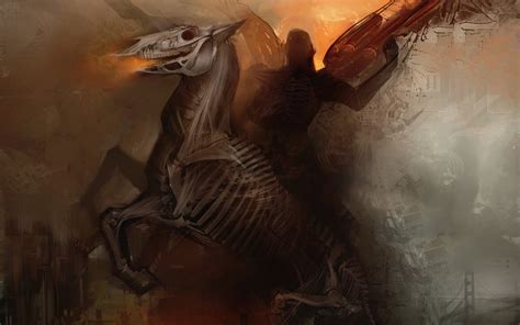 person riding  brown skeleton horse painting warrior horse hd