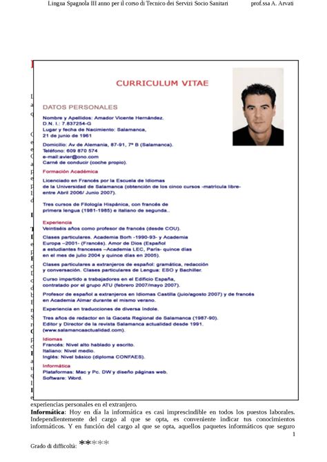 el curriculum vitae ejemplos docsity