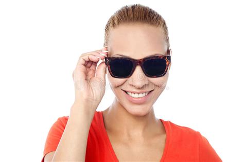 Woman Adjusting Her Spectacles And Pointing Away Stock Image Image Of