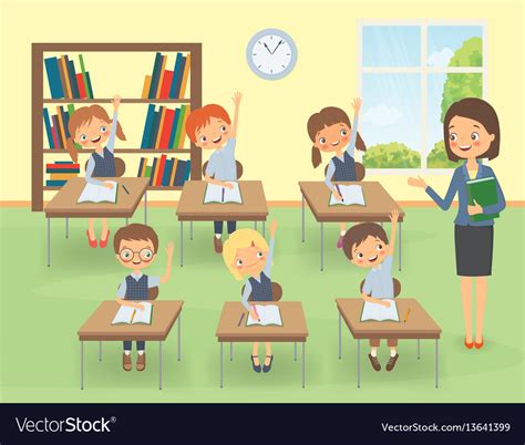 Teacher With Pupils In A Classroom At A Lesson Vector Image