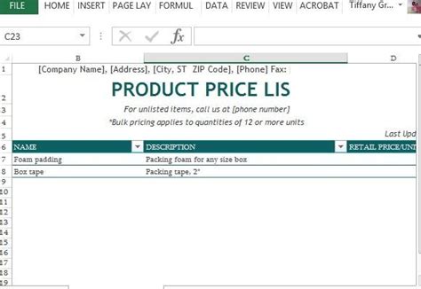 product price list template  excel