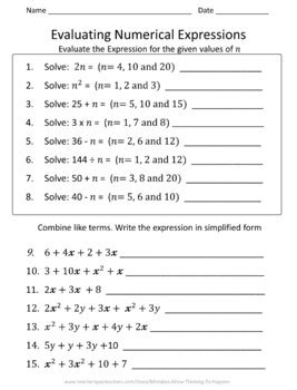 grade expressions  equations worksheet practice set tpt