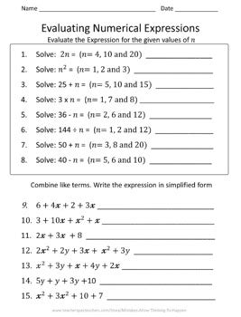grade expressions  equations worksheet practice set tpt