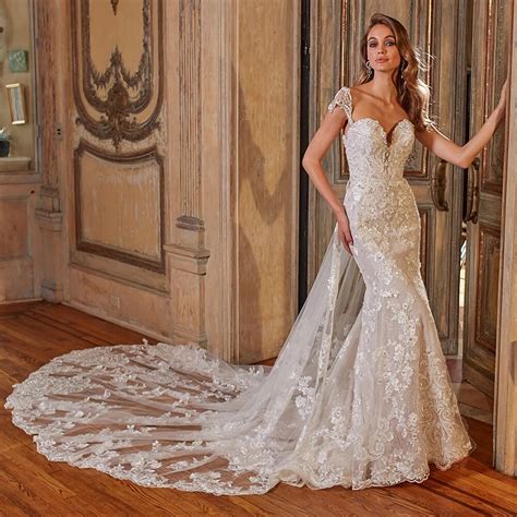 beaded crystal appliques shiny mermaid wedding dresses  detachable train vestido de noiva
