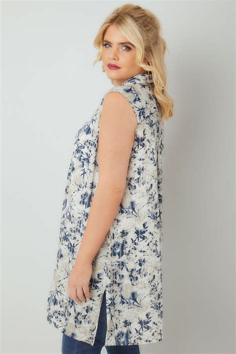 Blue Floral Print Sleeveless Shirt Plus Size 16 To 32