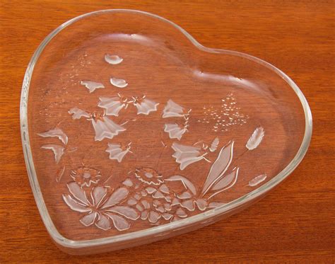 heart shaped glass dish  frosted flowers heart glass dish glassware kitchenware serving