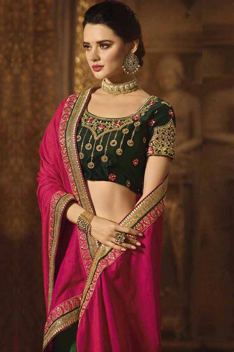 Buy Pink With Dark Green Art Silk Saree Blouse Online