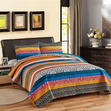 Multi Colors Strips Printed 3 Piece Quilt Bedding Set