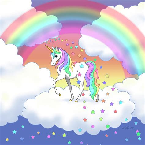 rainbow unicorn clouds  stars digital art  crista forest pixels