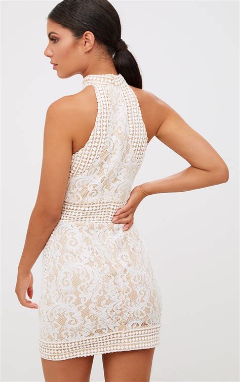 White High Neck Lace Crochet Bodycon Dress Prettylittlething Aus