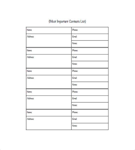 contact list templates   printable xlsx docs  formats