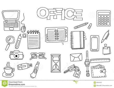 hand drawn office set coloring book template stock vector