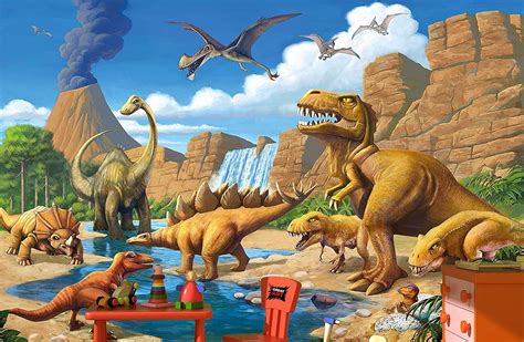wallpaper childrens room adventure dinosaur wall picture decoration dino world comic style
