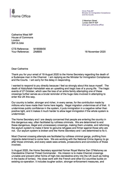 response  immigration minister catherine west mp