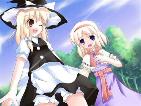 2girls alice margatroid blonde hair brown eyes clouds fang forest hat