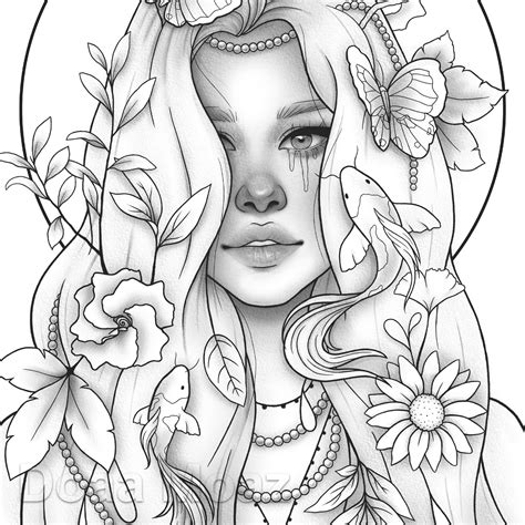 printable coloring page fantasy floral girl portrait