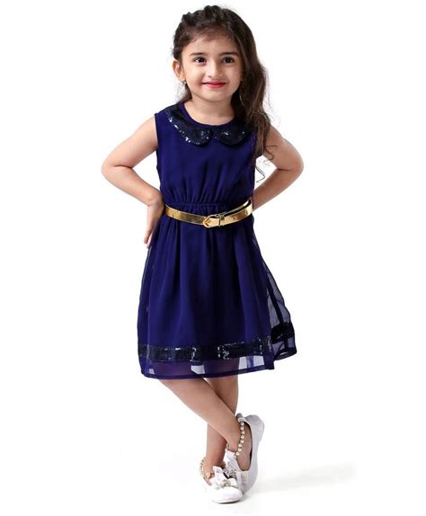 navy blue embroidery georgette kids dress frocks white button