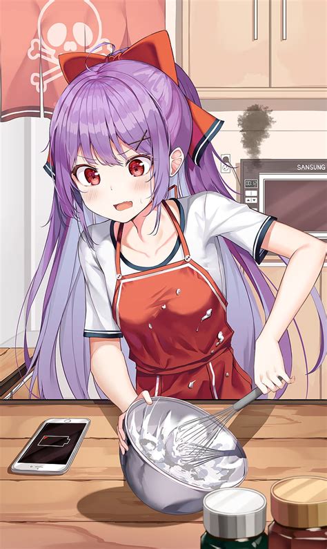 Anime Girl Purple Hair Kitchen Dessert Ribbon Apron Anime Hd