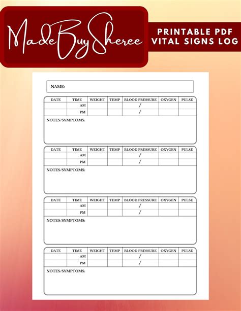 vital signs log printable template includes weight etsy