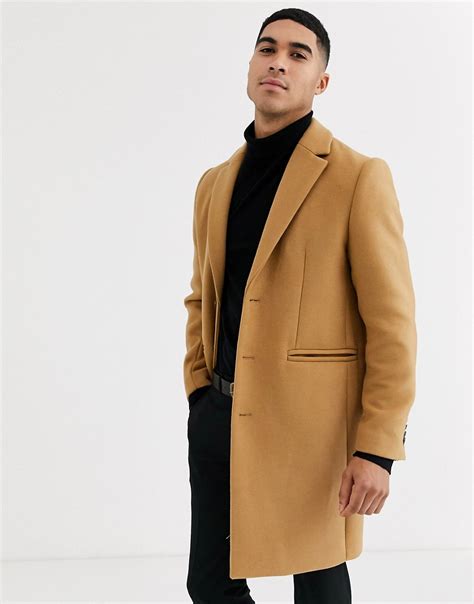 asos design wool mix overcoat  camel tan modesens